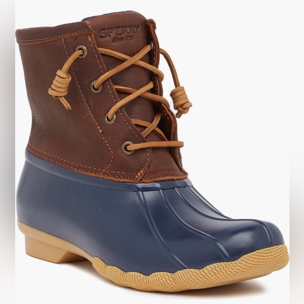 Sperry Saltwater Duck Boots Brown Leather & Navy Rubber Lace-Up Rain Boots NEW